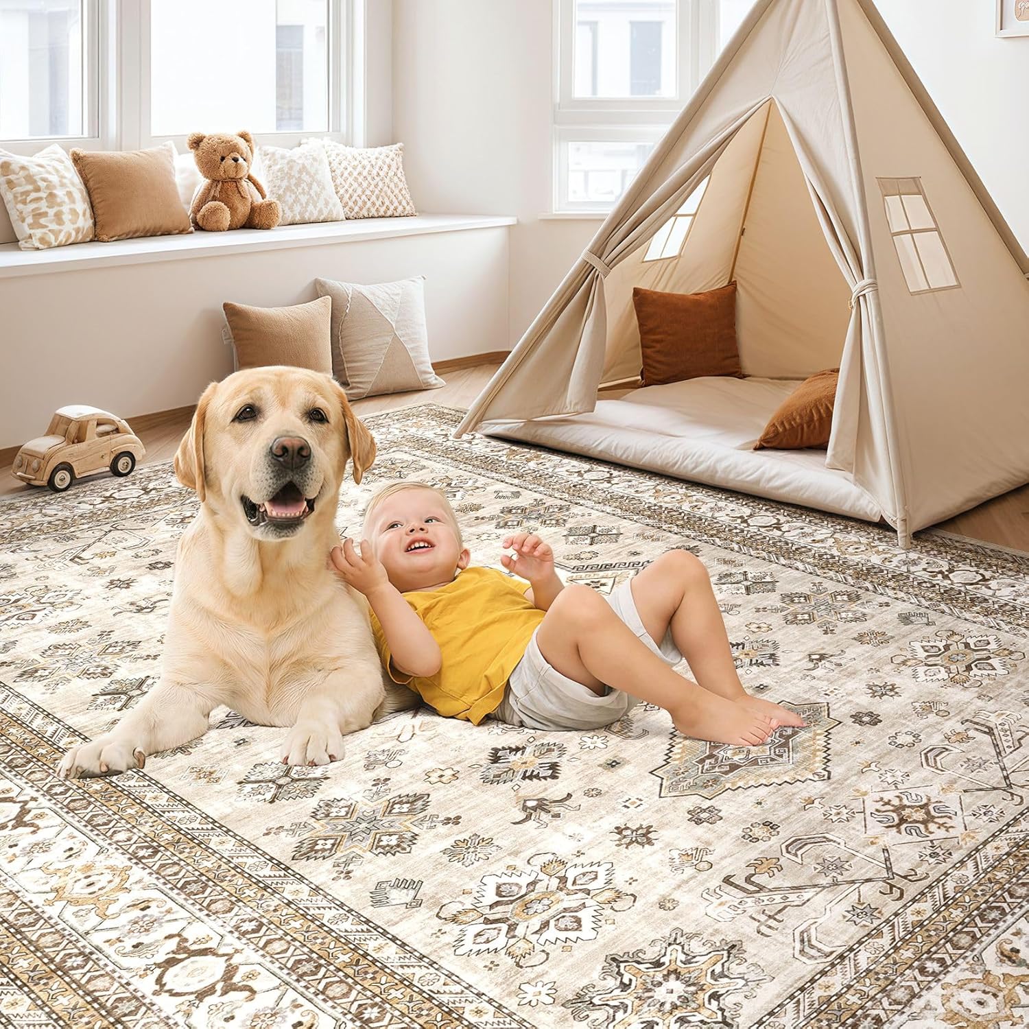 Thumbnail 3 de Vintage Living Room Area Rug 7x10 – Large Soft Washable Oriental Traditional Distressed Farmhouse Rug in Beige