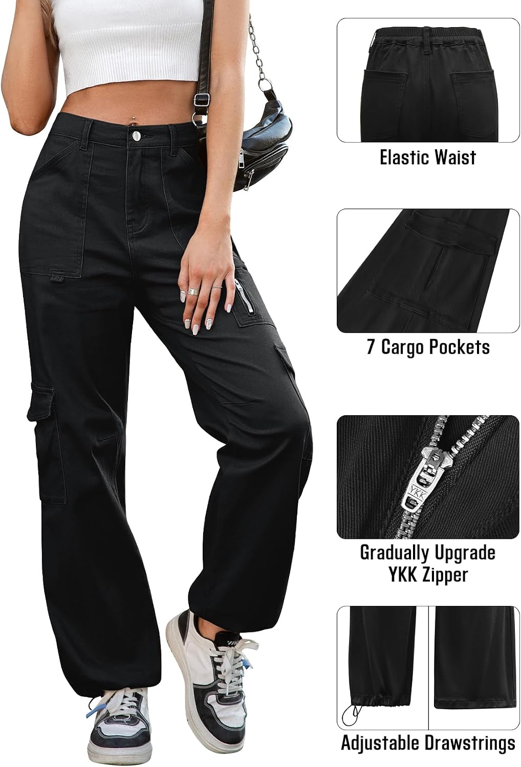 Detalle de IVIR Women's High-Waisted Wide-Leg Cargo Pants with 7 Pockets
