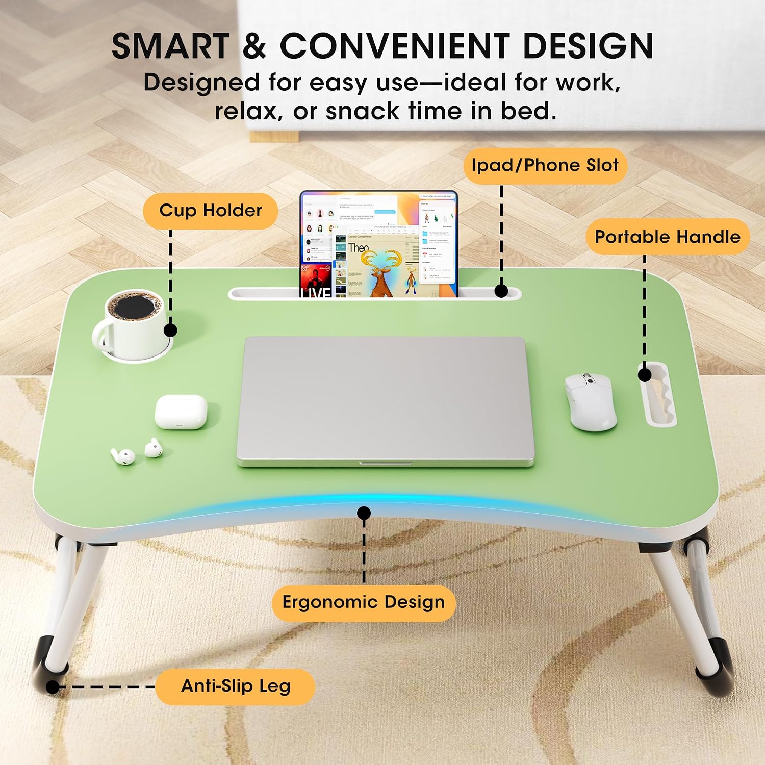 Detalle de Frpufi LD004 Folding Lap Desk, 23.6-Inch Wood Table with Cup Holder