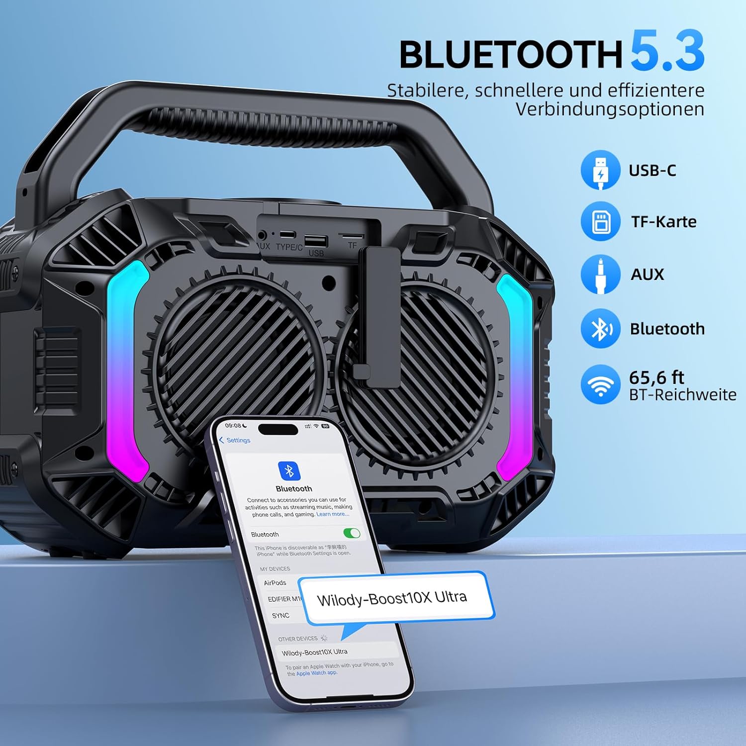 Thumbnail 3 de Wilody 100W tragbarer Bluetooth-Lautsprecher (BT 5.3, TWS, IPX7) mit RGB-Licht & 20h Akku – L-Schwarz