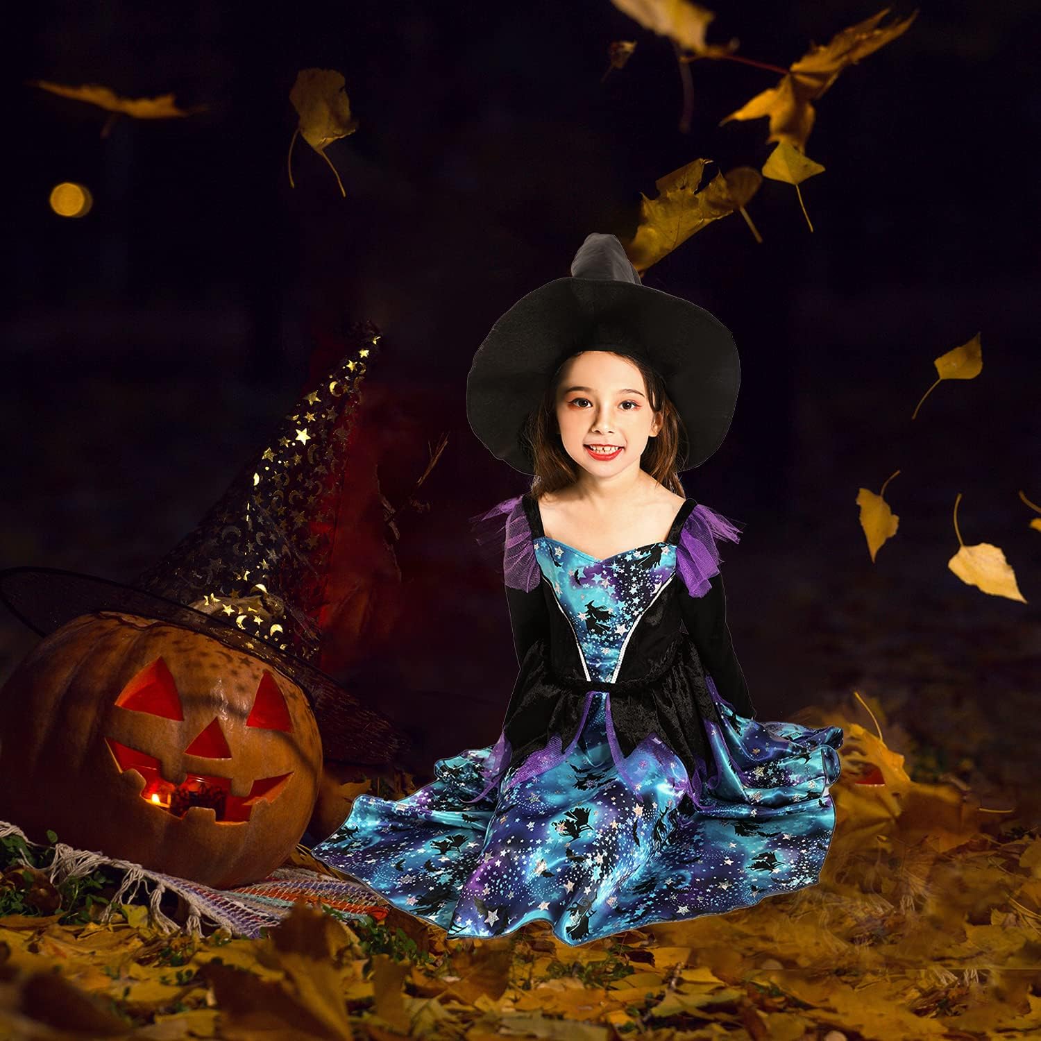 Detalle 1 de SPUNICOS Sparkle Witch heksenkostuum met blauwe glitterrok en hoed, 5-6 jaar