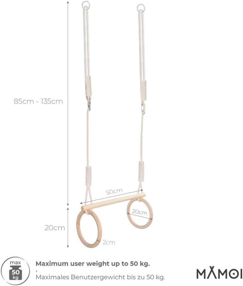 Detalle 2 de MAMOI Trapez Schaukel – Holzturnringe, 2-in-1 Indoor/Outdoor, verstellbares Trapez und Holzanleitung