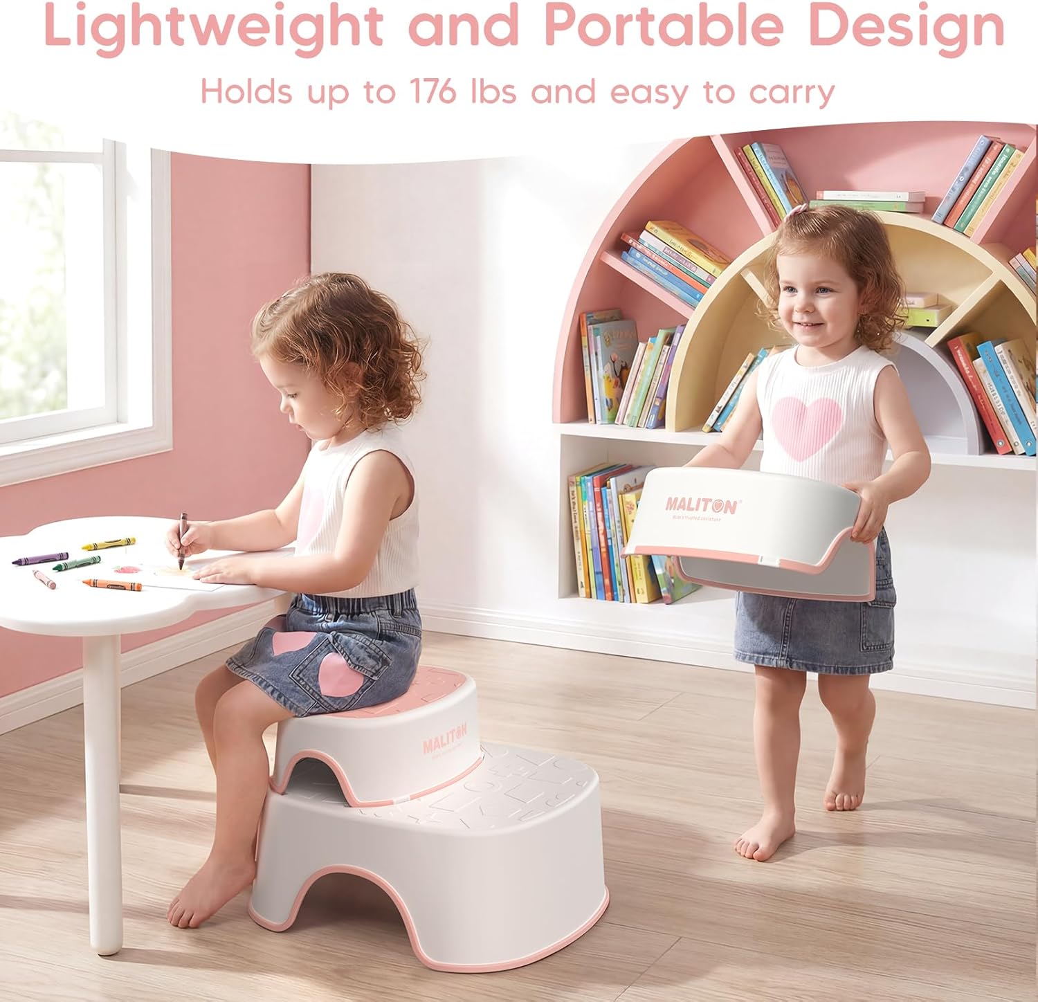 Detalle de Maliton Toddler Toilet Seat with 2 Step Stool (Pink) – Anti-Slip, Handles & Splash Guard for 1–8 Years