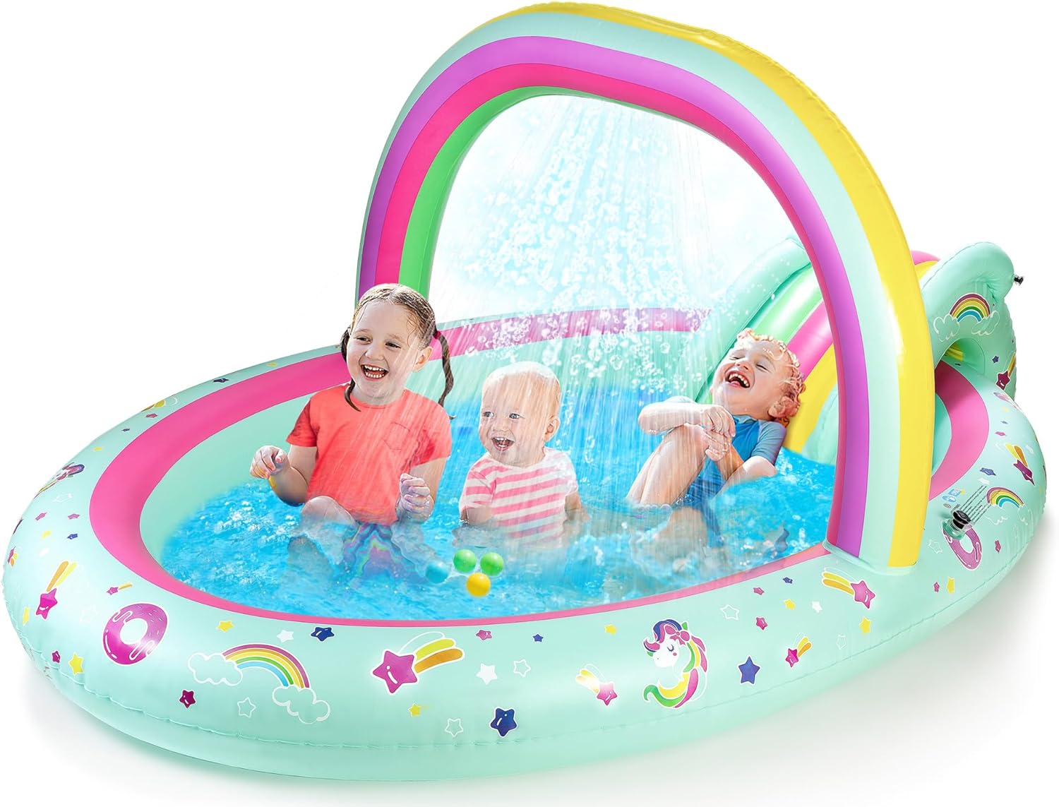 Detalle de SULIFEEL Rainbow Unicorn Inflatable Play Center: 96'' x 59'' x 39'' Kiddie Pool with Slide and Sprinkler