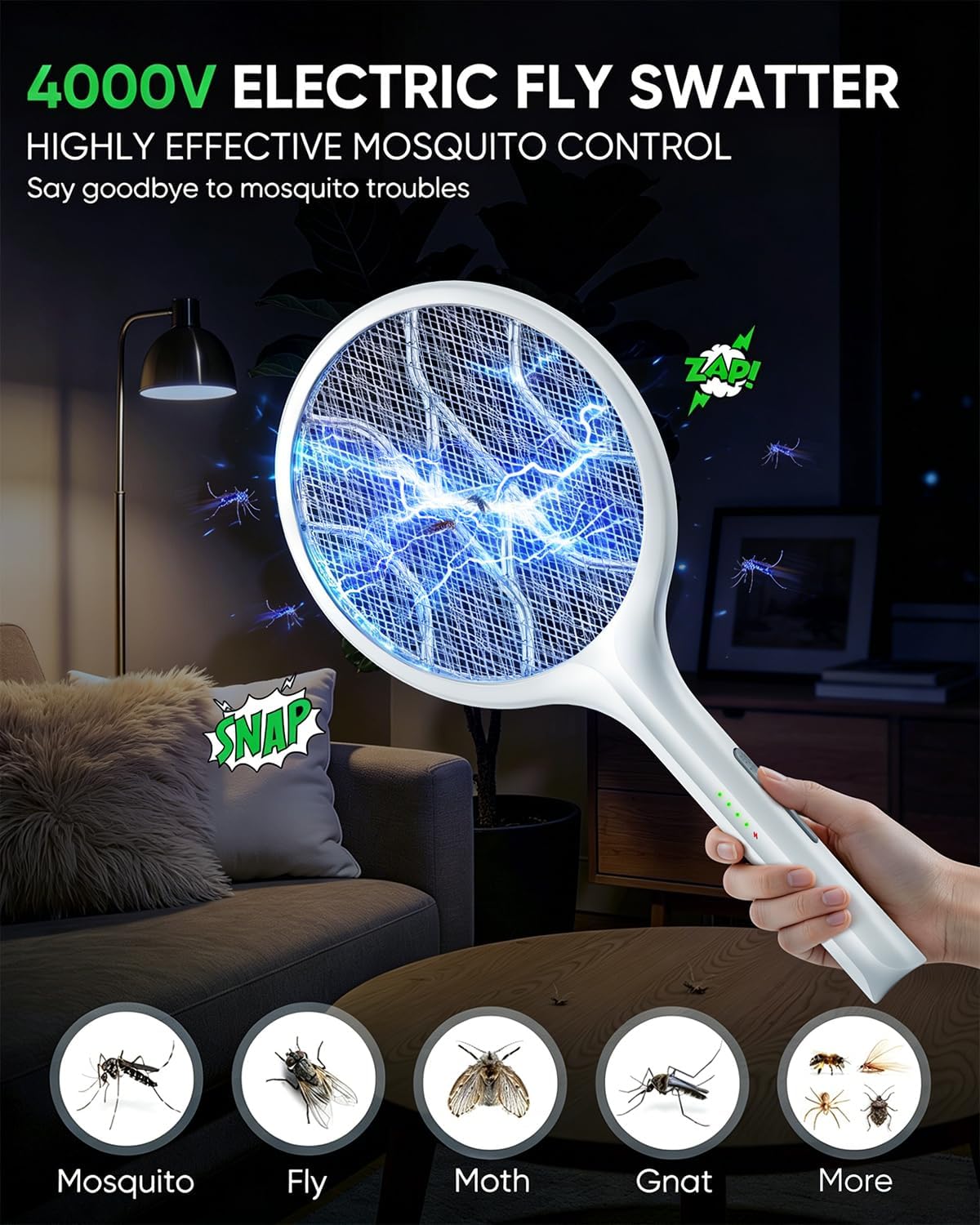 Detalle de VIWAVE Raqueta Mosquitos Electrica 4000V: 2 en 1 con Luz UV y Base Estable