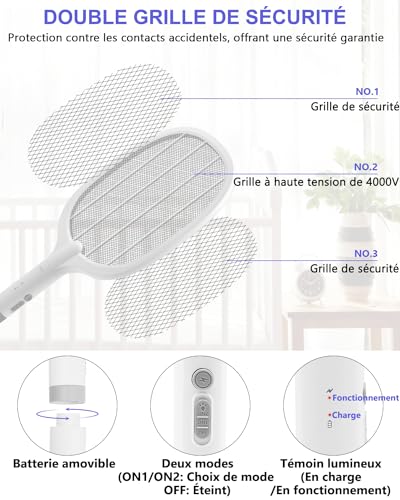 Thumbnail 3 de AOKKR Raquette Électrique Insectes 2 en 1 – UV 4000V, 1800mAh, Base de recharge