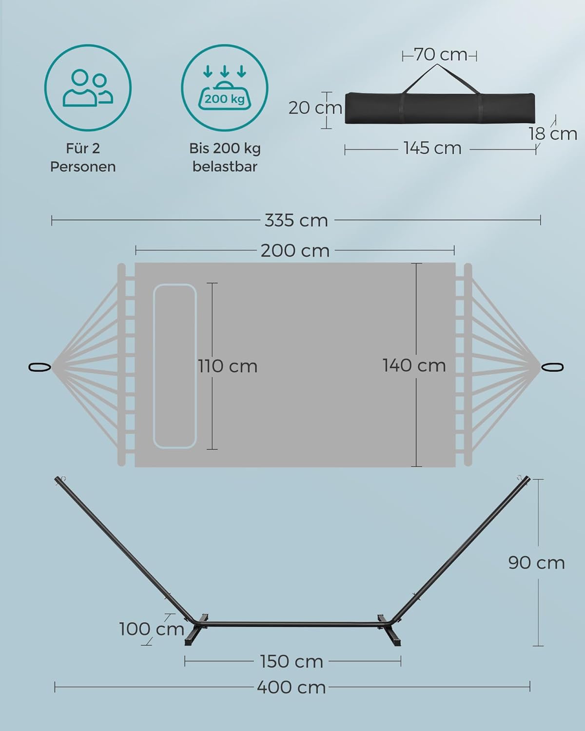 Thumbnail 3 de SONGMICS Hängematte mit Gestell GHS002Q01 – Metallständer mit Doppelhaltestange, bis 200 kg