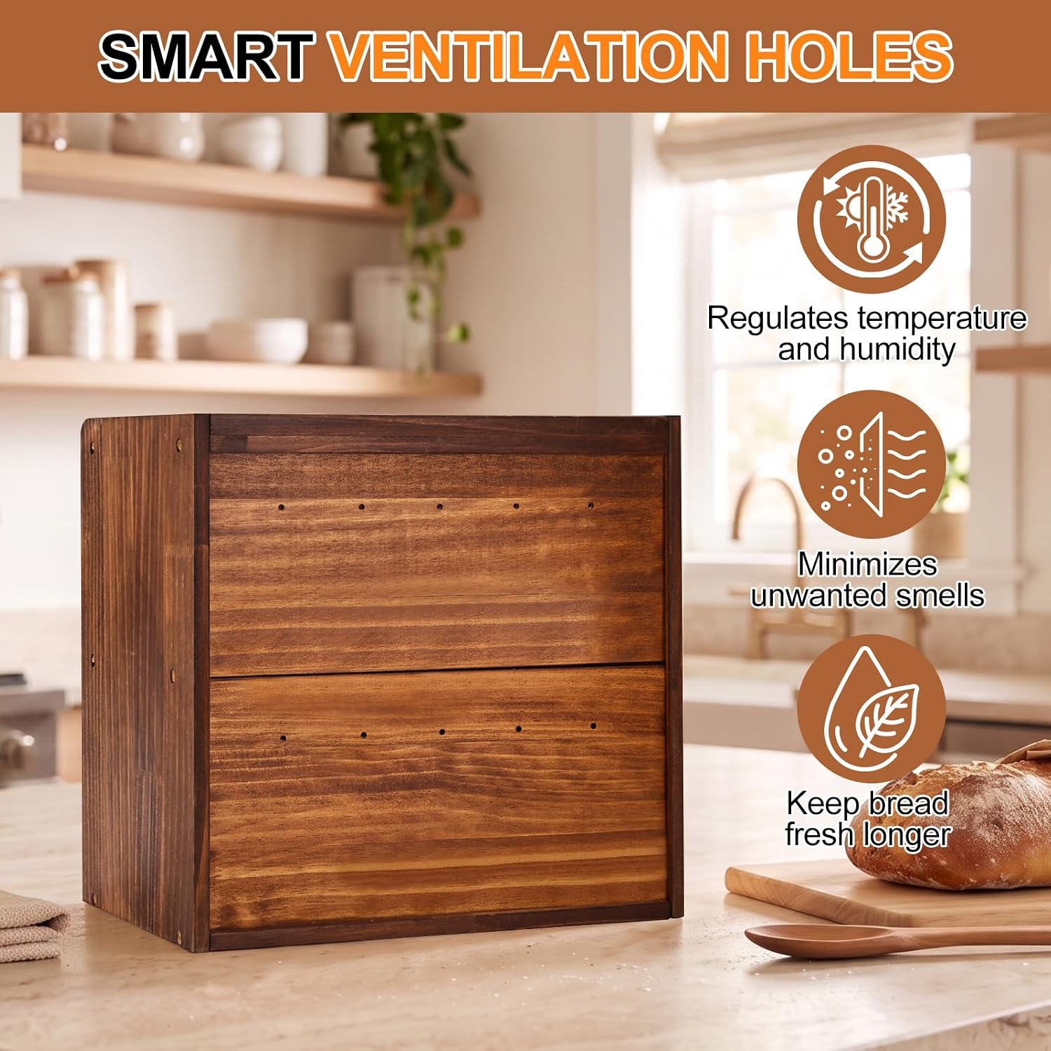 Detalle 1 de Alpeir Double-Layer Bread Box, Brown Pine Wood with Acrylic Window and Vents