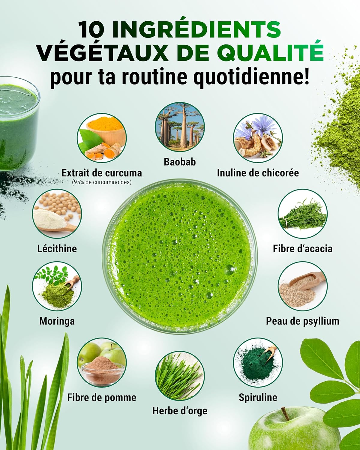 Detalle de Vit4ever Daily Greens & Fiber Poudre (600 g) – combinaison fibres & superfoods au goût pomme verte
