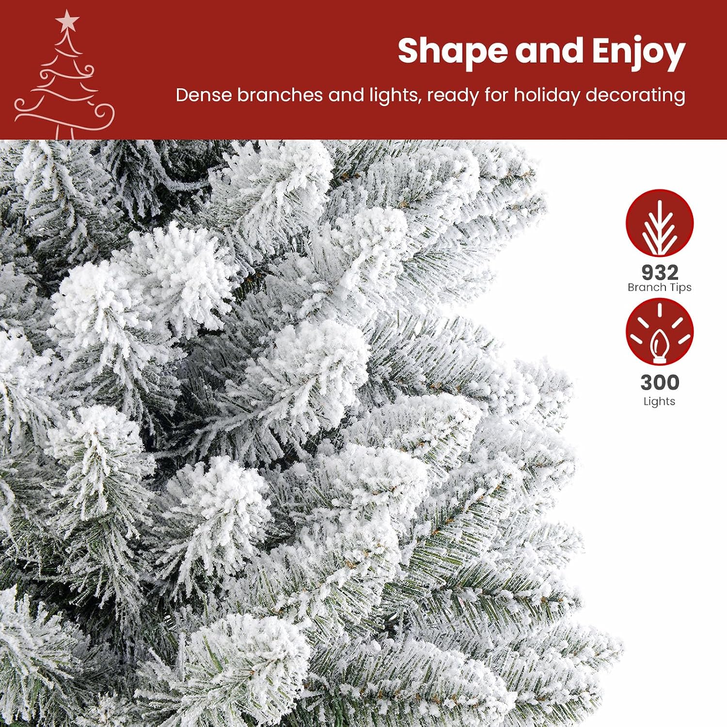 Detalle de SHareconn 7 ft Snow-Flocked Pre-Lit Artificial Christmas Tree, 300 Warm White Lights