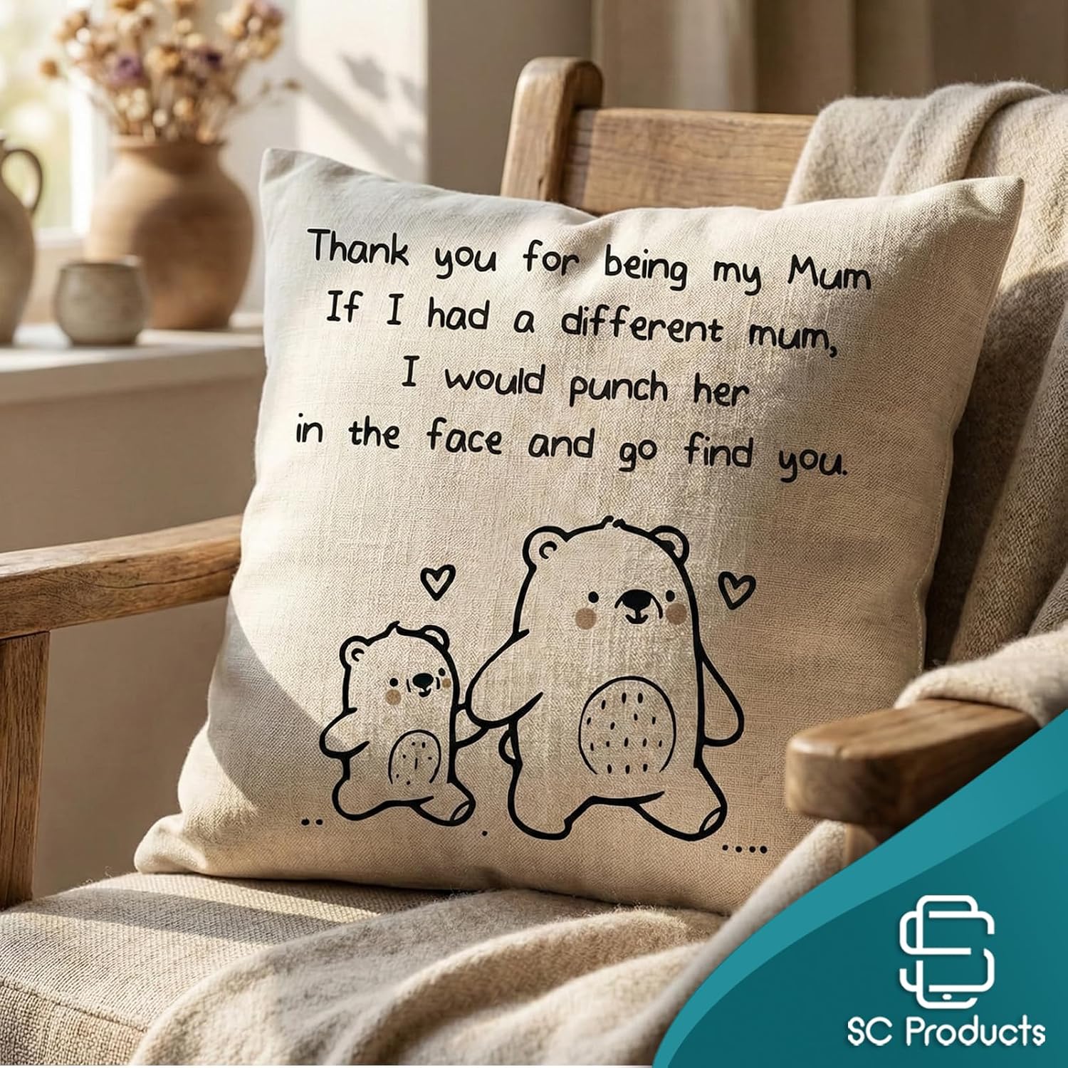 Thumbnail 2 de SC Products Mum Cushion Cover (Bear or Elephant) Funny Mum Gift, 45 x 45cm Linen Scatter Cushion Cover