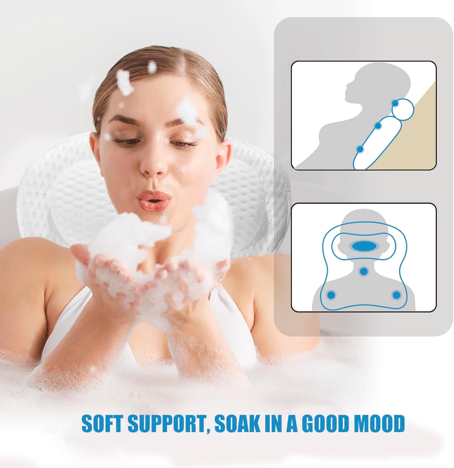 Thumbnail 2 de Badewannenkissen mit 6 Saugnäpfen & Haken, Memory-Schaum & 4D Air Mesh (Weiß)