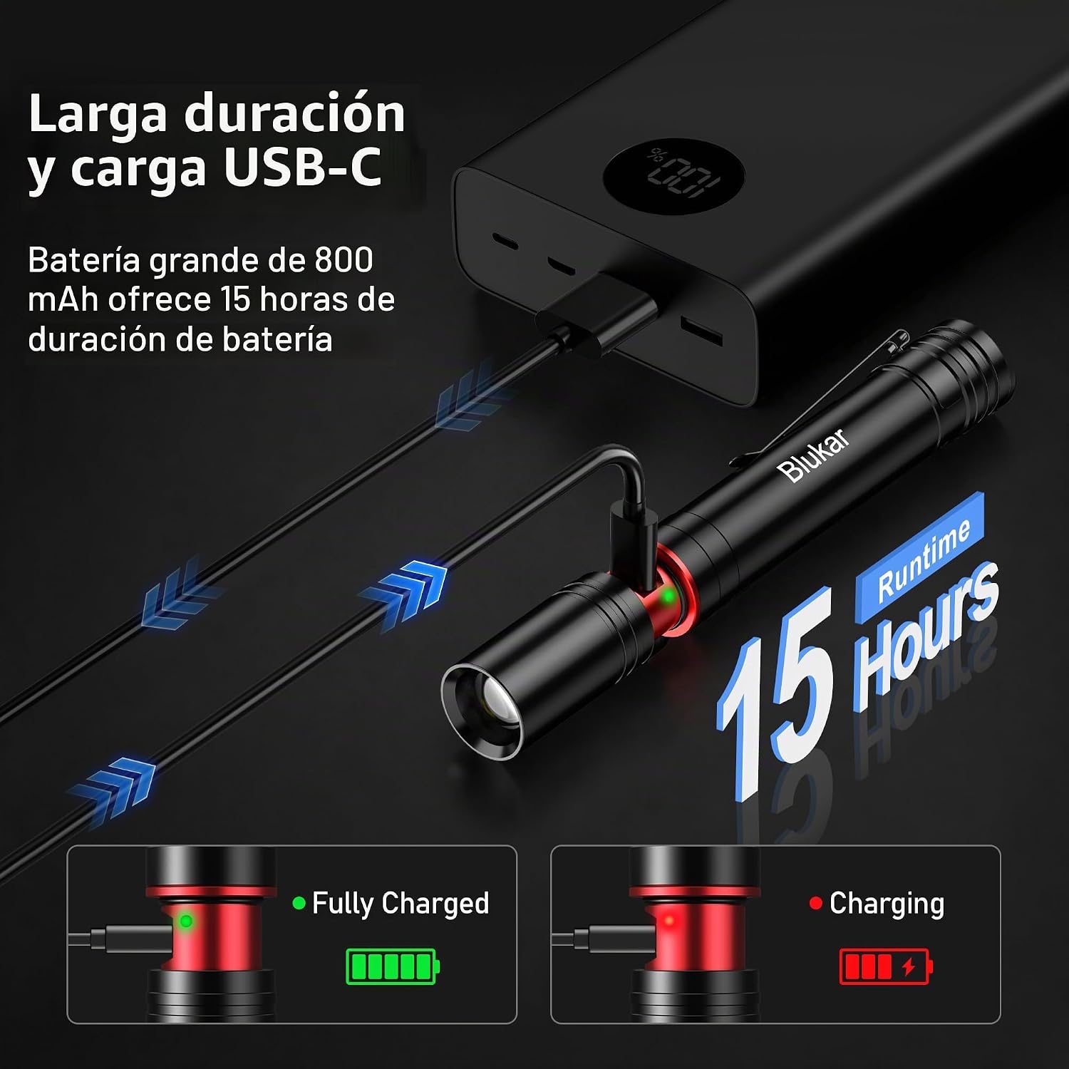 Detalle de Blukar Mini Linterna LED Recargable: linterna bolígrafo super brillante y compacta