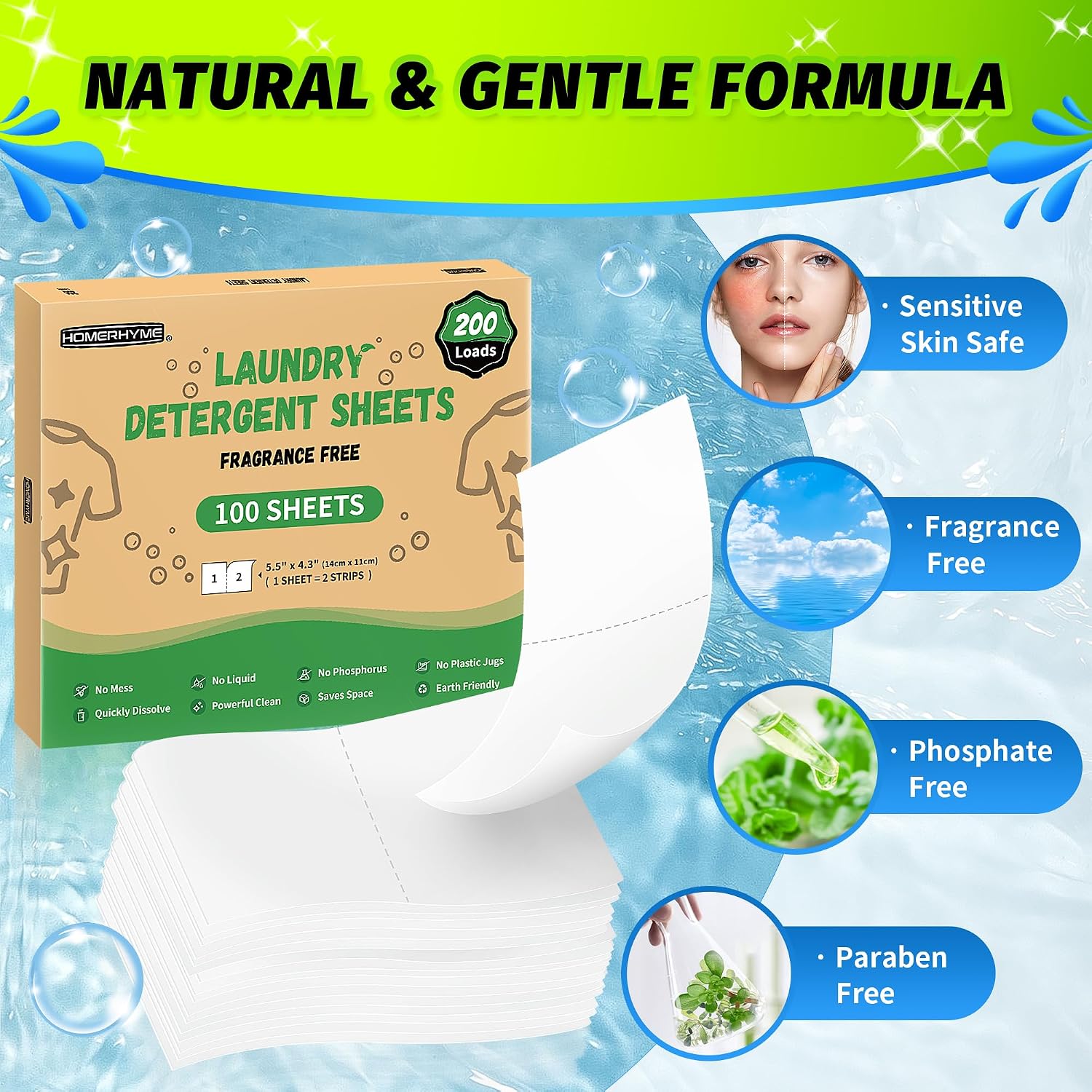 Detalle de HOMERHYME HR-30DS100ST-U Laundry Detergent Sheets, 100 Sheets, Unscented