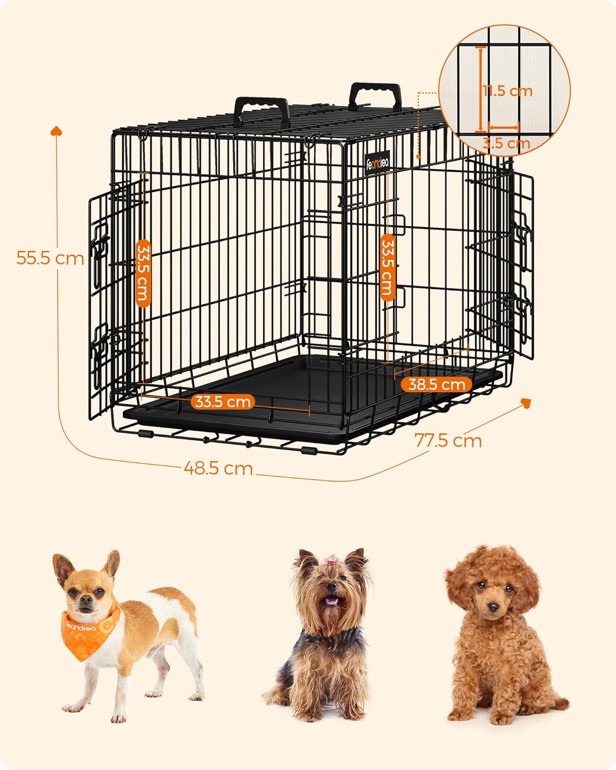 Thumbnail 3 de Feandrea Dog Crate: Foldable, 2-Door Metal Cage with Removable Tray (77.5 x 48.5 x 55.5 cm) – Size M
