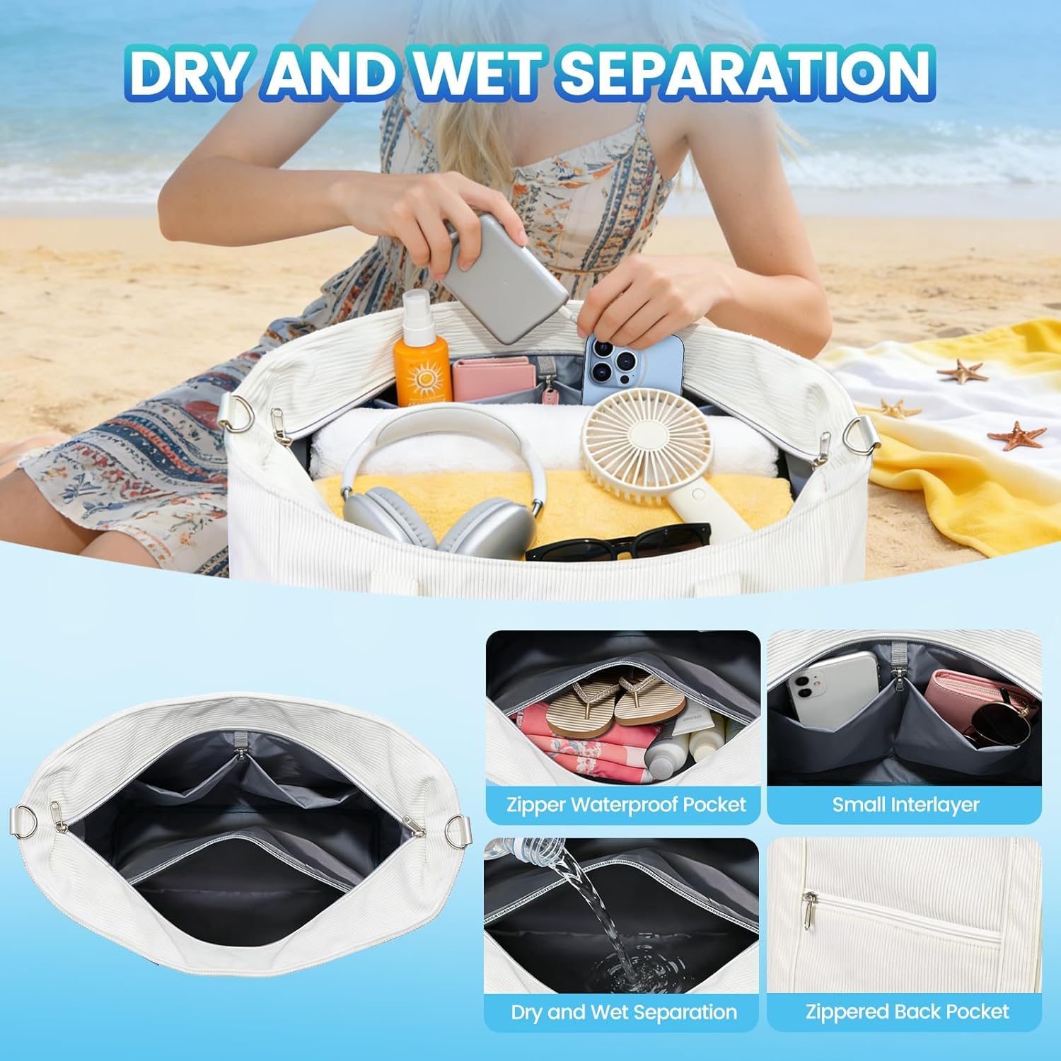 Detalle 2 de Virape Strandtasche XXL Familie mit Reißverschluss – Wasserdichter Innenraum, Kordelstoff, 42×39×18 cm