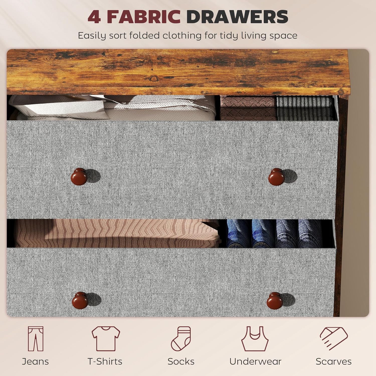 Thumbnail 2 de HOMCOM 4-Drawer Fabric Chest of Drawers with Steel Frame (Grey & Rustic Brown)