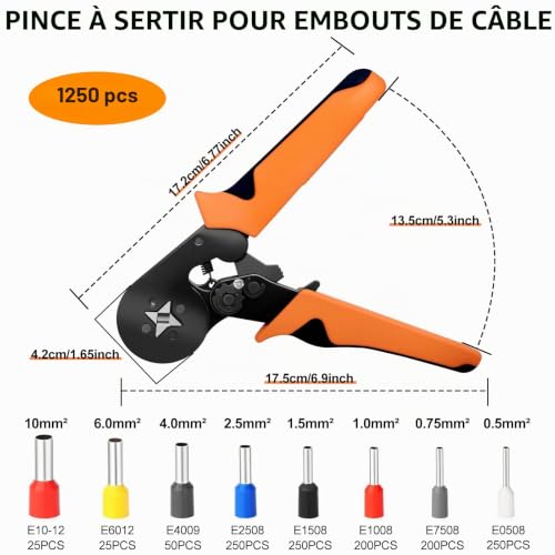 Detalle 2 de Pince à sertir Beizkna 0.25-10 mm² avec 1250 embouts de câblage — Sertissage précis et ergonomique