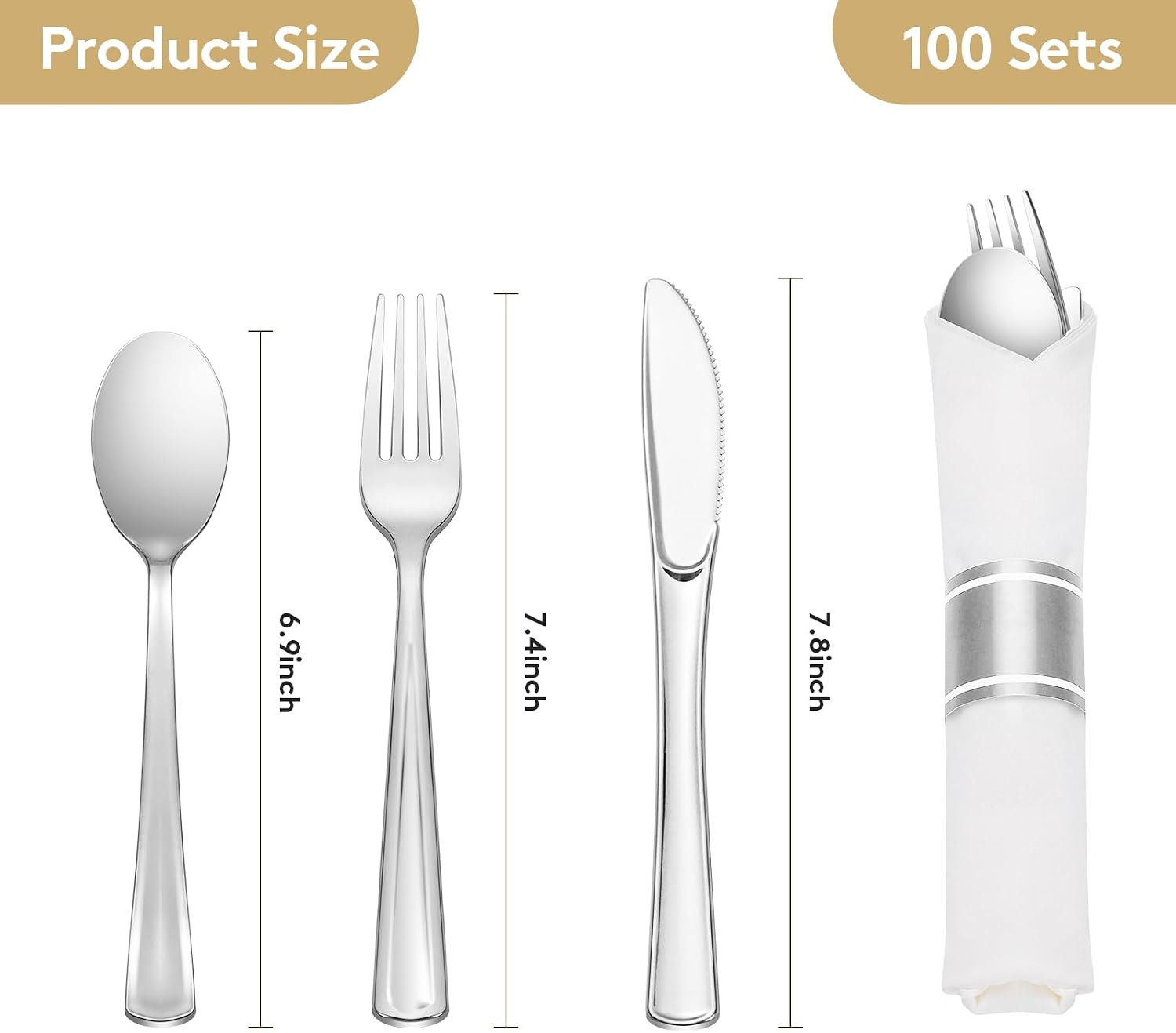 Detalle de Goodluck 100 Pack Pre-Rolled Silver Plastic Cutlery Set with Napkins