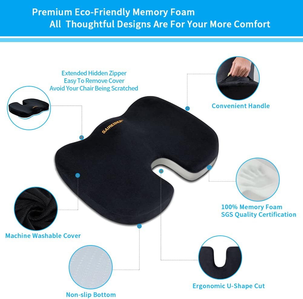 Detalle de SAIREIDER SC-B0402 Memory Foam Coccyx Seat Cushion with Removable Cover