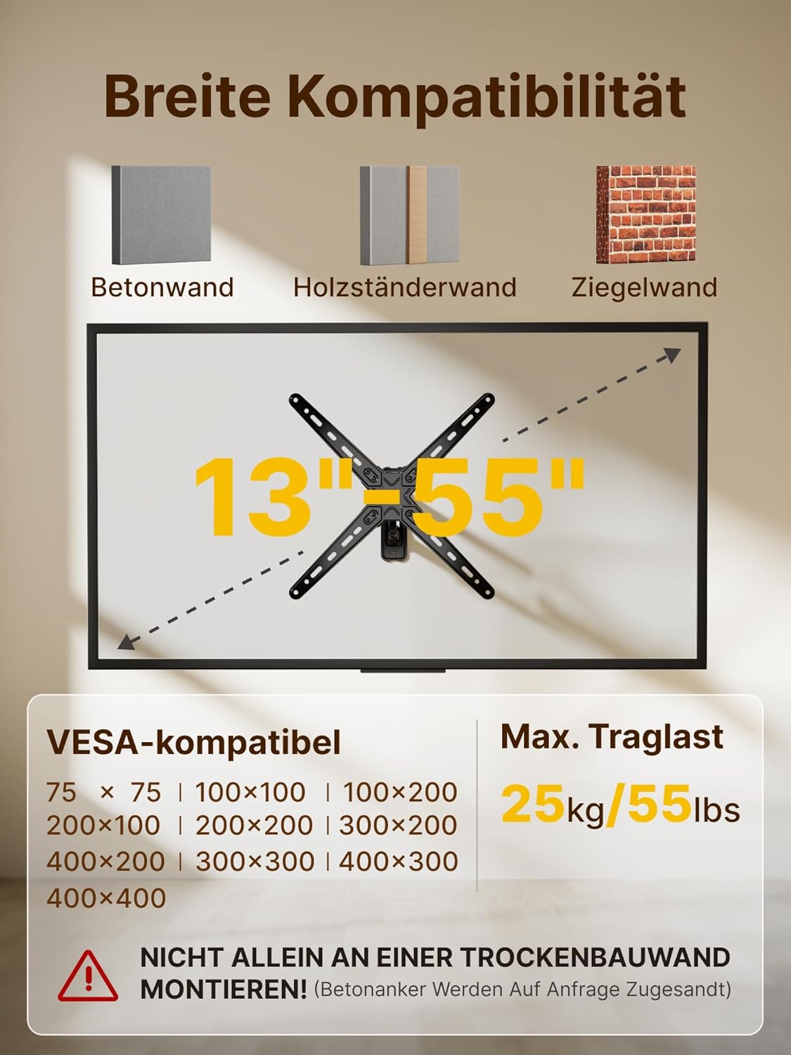 Detalle de monTEK TV Wandhalterung für 13–55 Zoll Flach & Curved bis 25 kg, schwenk-/neigbar, ausziehbar, VESA bis 400×400