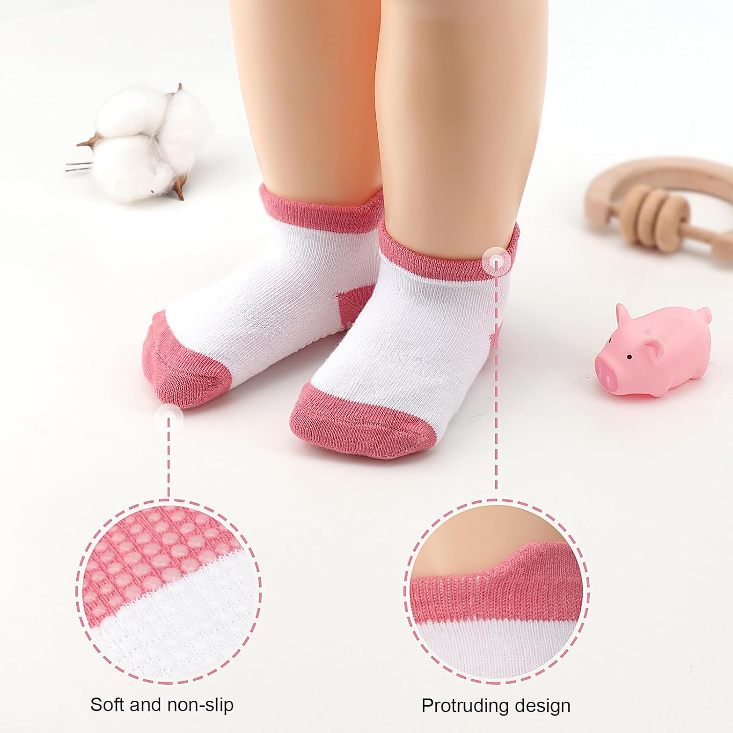 Detalle 2 de DRESHOW Baby Non Slip Grip Ankle Socks with Grippers: 6-Pair Set for Infants to Preschoolers