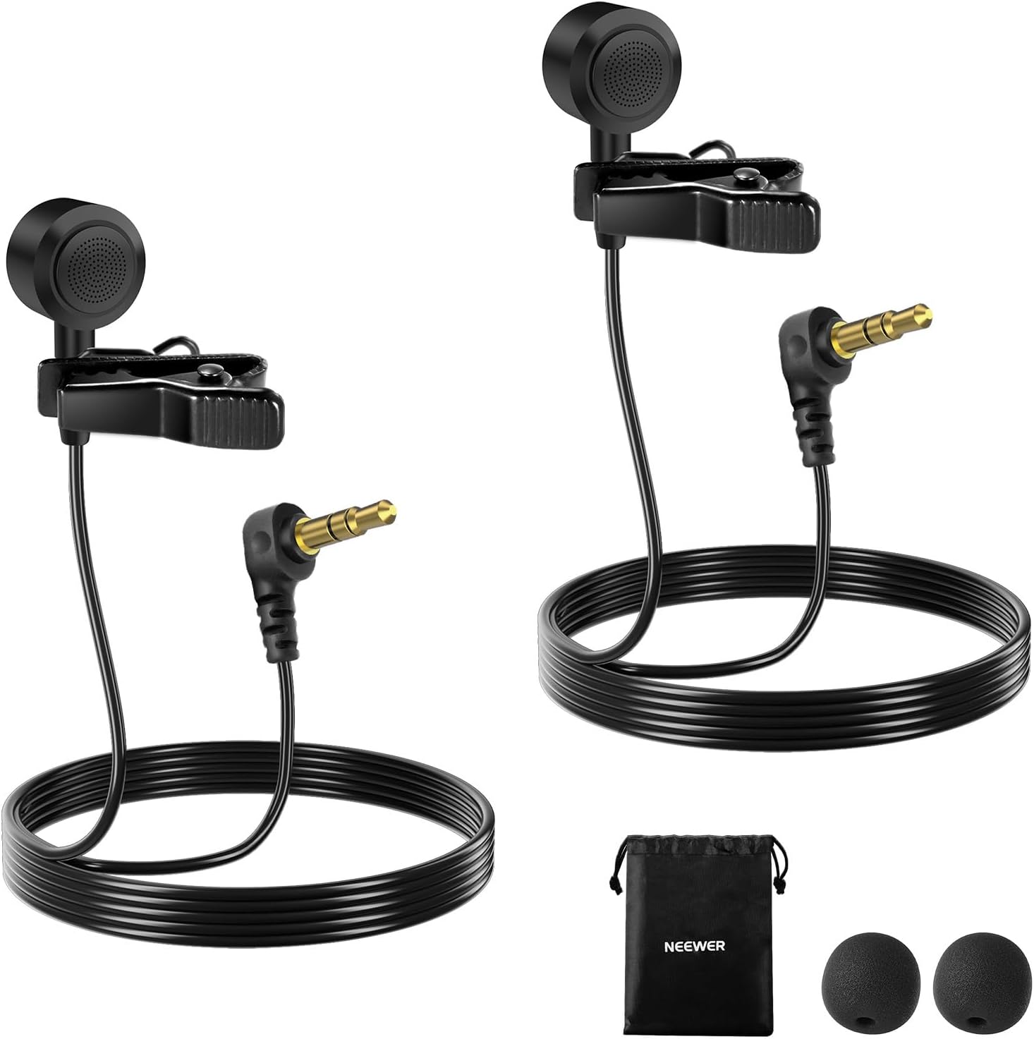NEEWER Lot de 2 microphones cravate à condensateur omnidirectionnel TRS 3,5 mm (LM10) avec pare- brise