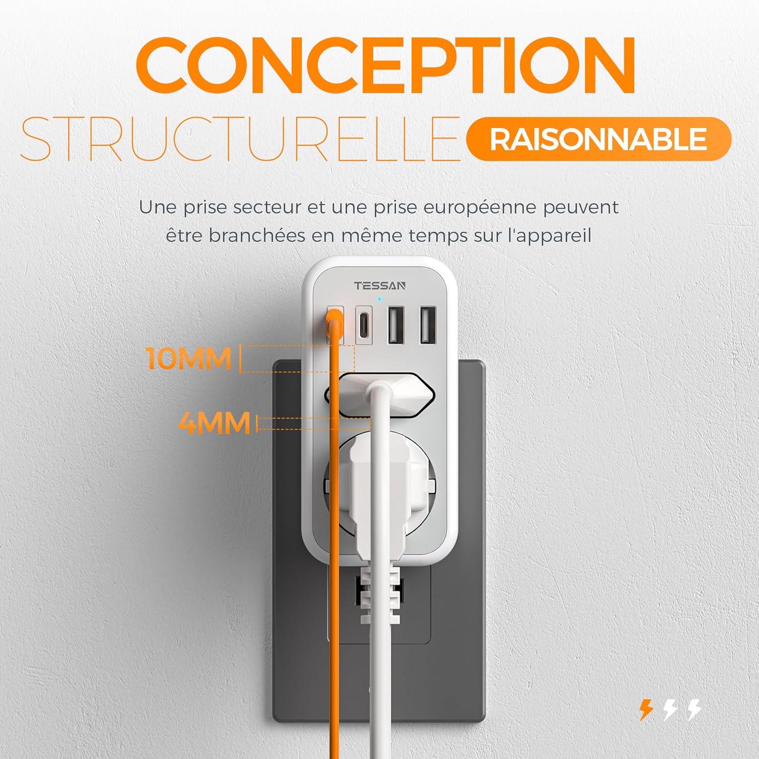 Thumbnail 5 de TESSAN Adaptateur prise USA 6 en 1 (Type B) avec 2 USB‑C et 2 USB‑A – compatible Canada, Mexique, Thaïlande et plus