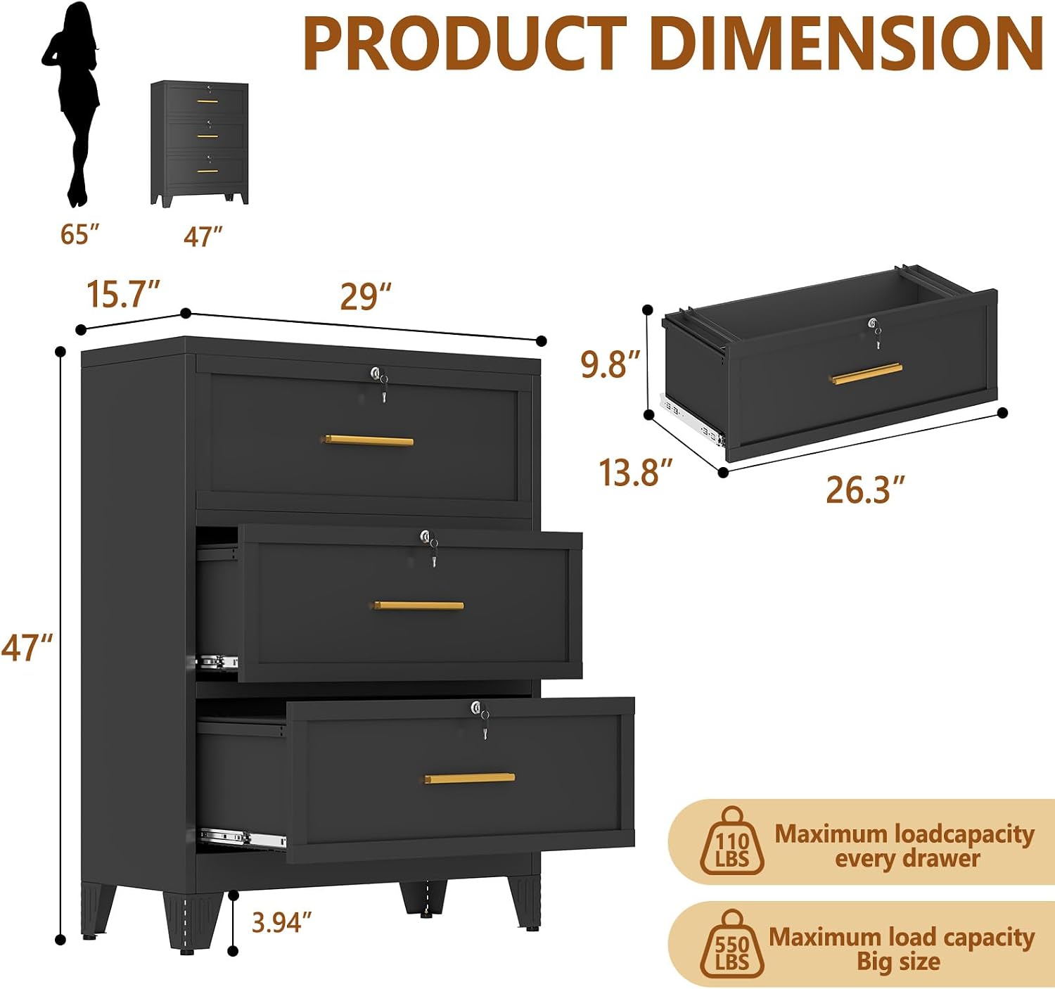 Thumbnail 2 de baoliwo DRES-6VF-180B 3-Drawer Metal Lateral File Cabinet with Lock