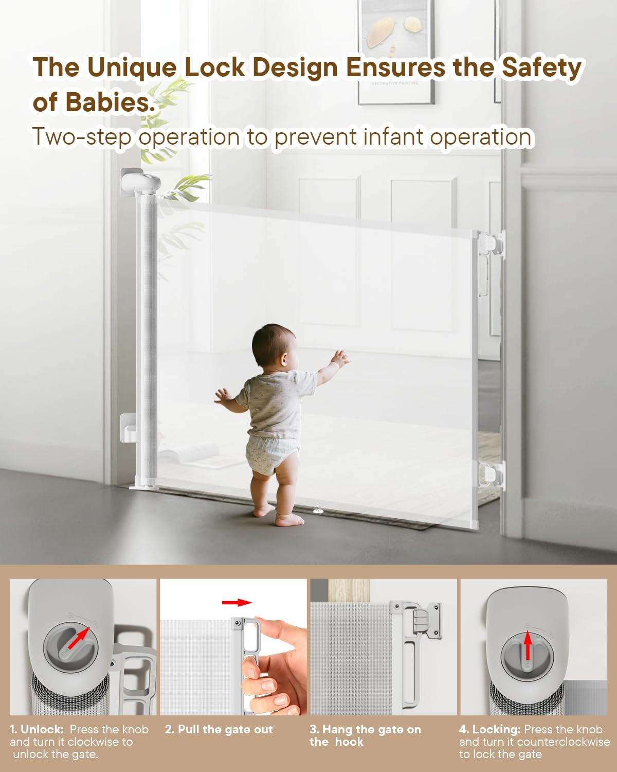 Detalle 2 de BBsecure SG025 Retractable Baby Gate, 34-Inch, Up to 55-Inch Wide, White