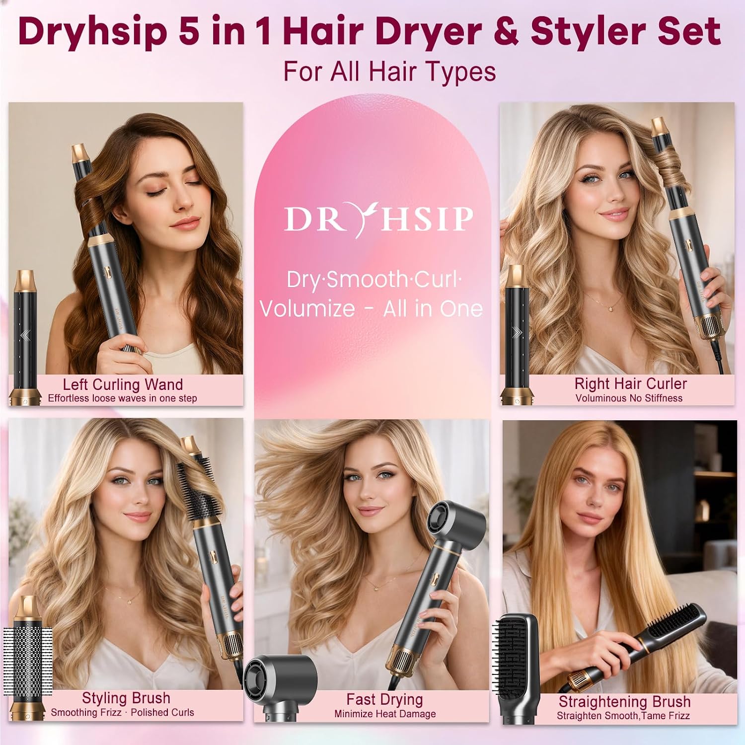 Detalle de Dryhsip 5 in 1 Spazzola Asciugacapelli Multifunzione: styling rapido per lisci, onde e ricci