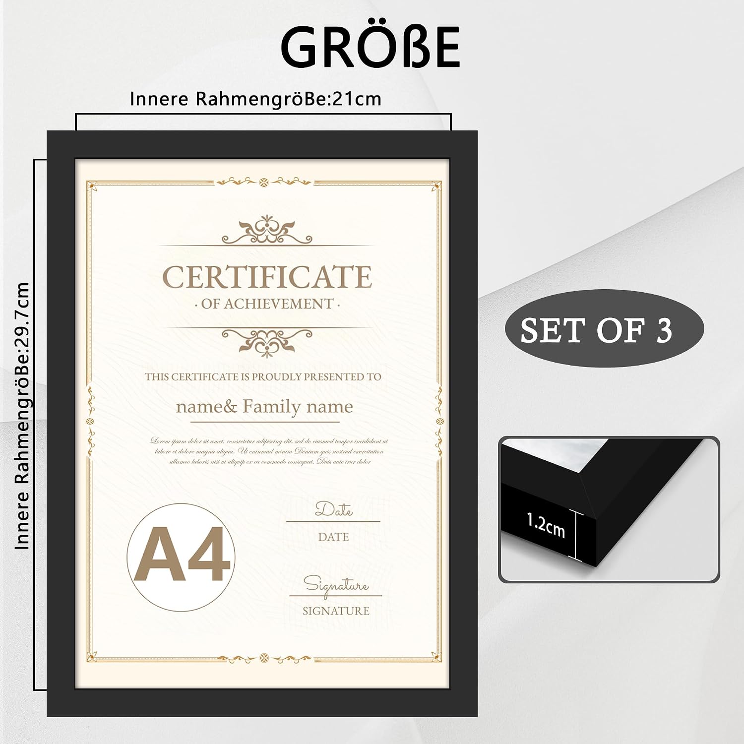 Detalle de QPQIYIY Bilderrahmen A4 (21 x 29,7 cm), 3er-Set, Schwarz