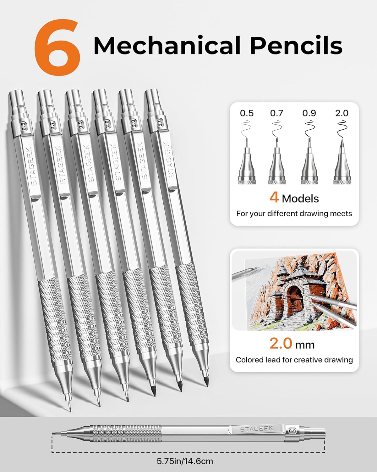 Thumbnail 2 de STAGEEK 6-Stück Druckbleistift-Set mit Ledertasche – Metallgehäuse, 0,5/0,7/0,9/2,0 mm, 16 Minenröhrchen, Farbnachfüllungen