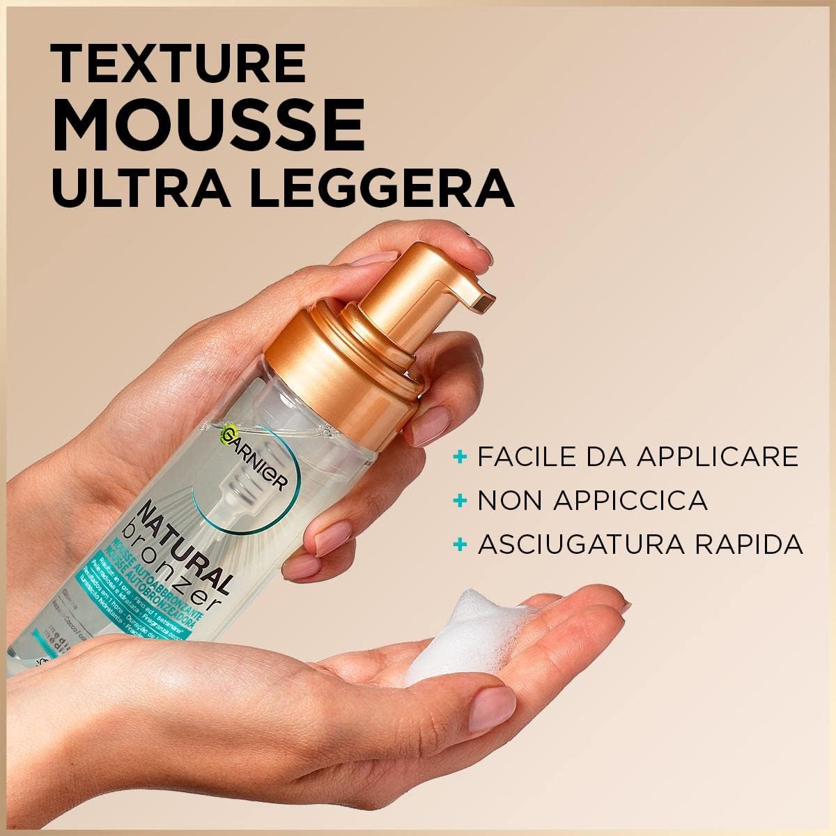 Detalle de Garnier Ambre Solaire Mousse Autoabbronzante Natural Bronzer per viso e corpo – effetto naturale fino a 1 settimana, formula vegana, 200 ml