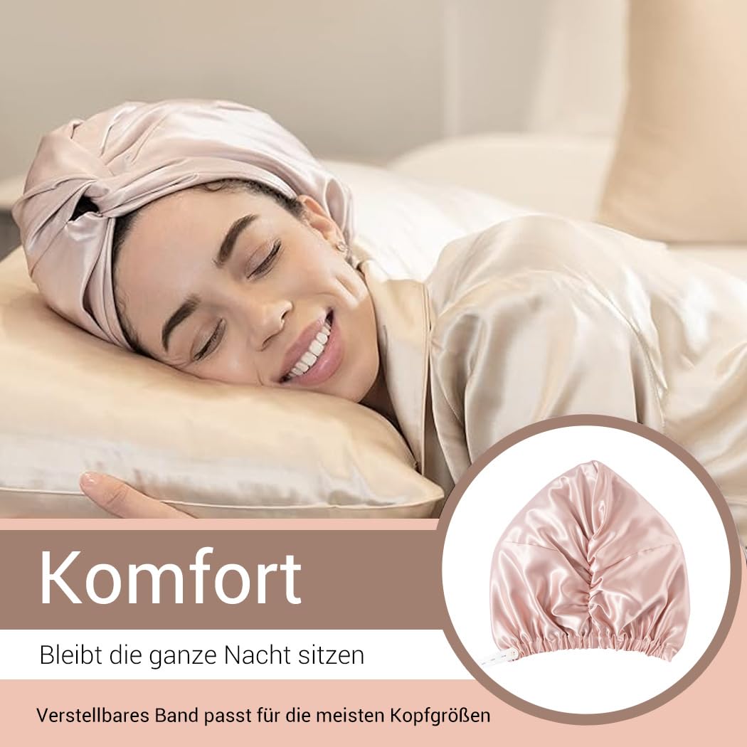 Detalle de LaCourse rutschfeste, verstellbare Seidenhaube (22 Momme, 100% Maulbeerseide, doppellagig) zum Schlafen – Rosa