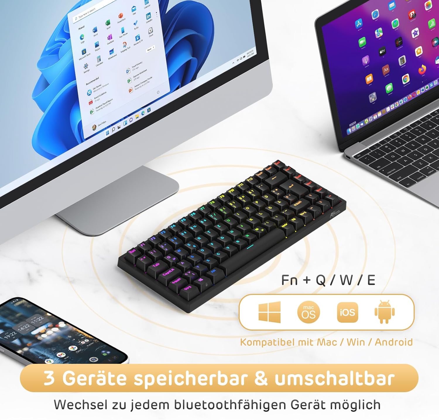 Thumbnail 2 de RK ROYAL KLUDGE RK84-DE : clavier de jeu 75 % Bluetooth & 2,4 GHz rétroéclairage RVB, QWERTZ