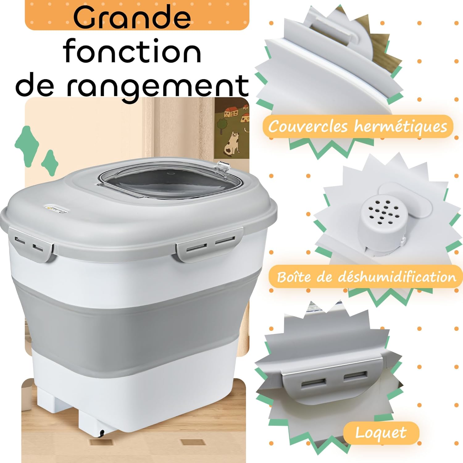 Detalle de PawHut conteneur à croquettes pliable 25L plié 5L, hermétique sur roulettes (gris)