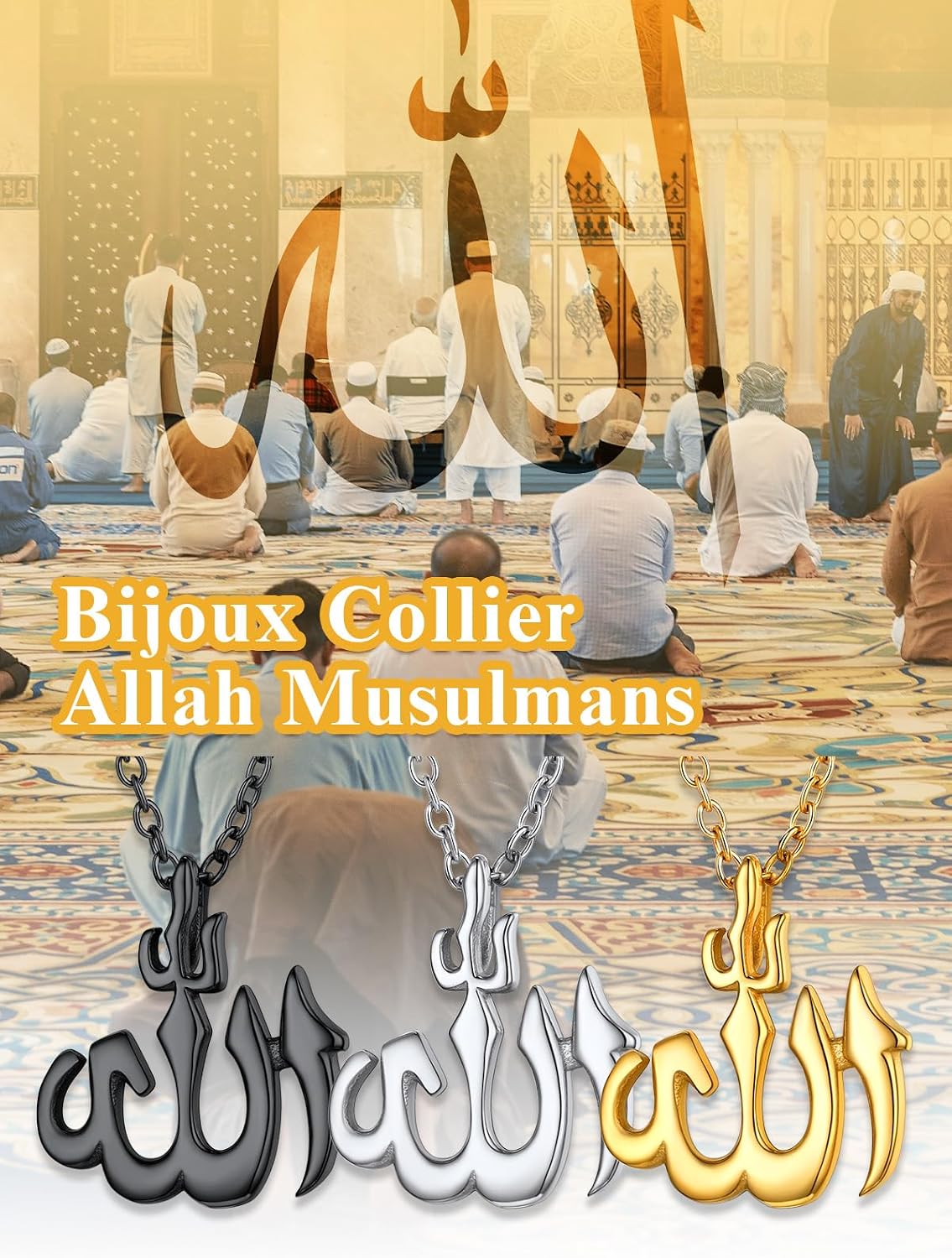 Thumbnail 3 de Collier U7 Allah homme acier or 🕊