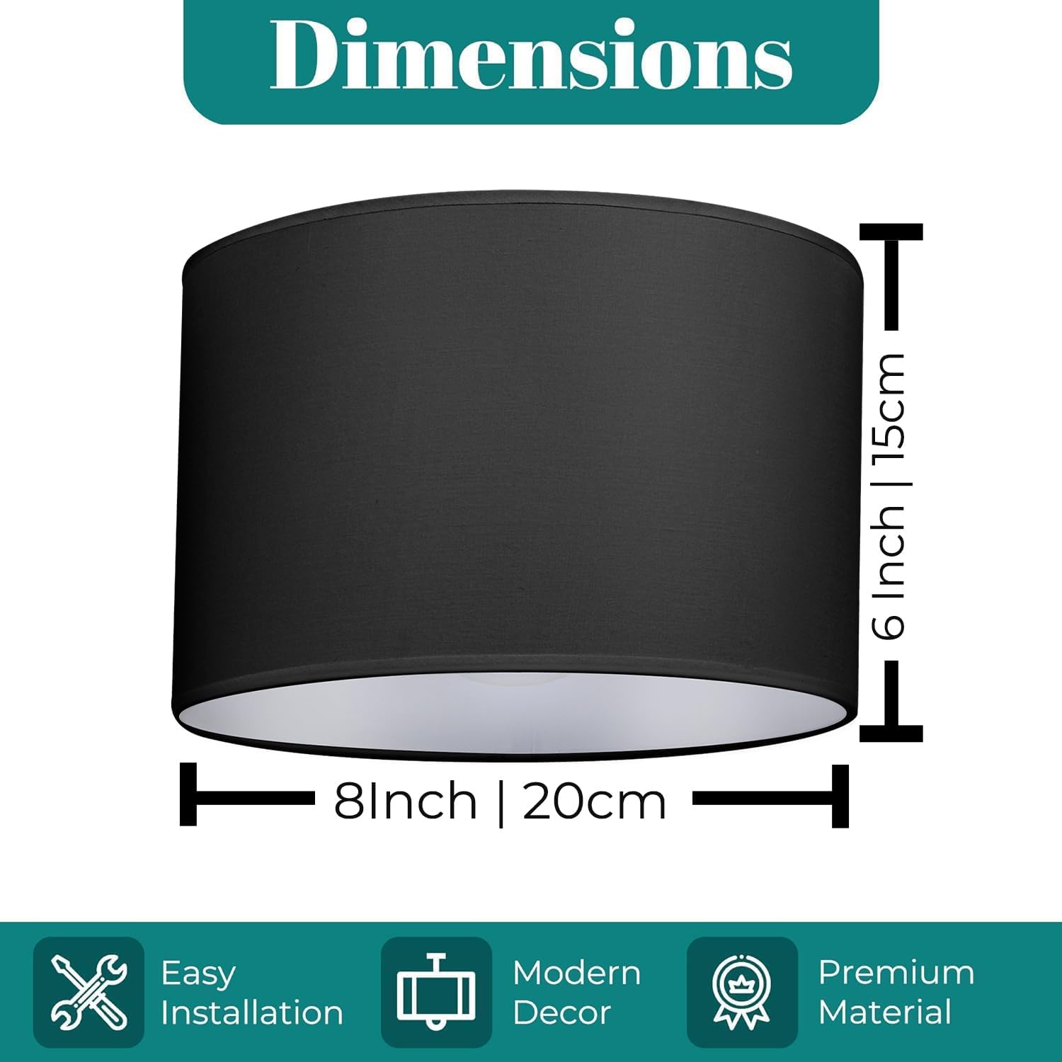 Detalle de GIGGI 8" Black Fabric Lampshade – Modern Drum Shade for Ceiling, Table and Floor Lamps