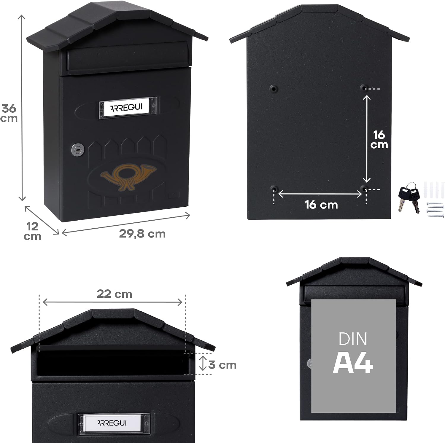 Detalle de ARREGUI Villa E5004 – skrzynka na listy M DIN A4, stalowa, czarna