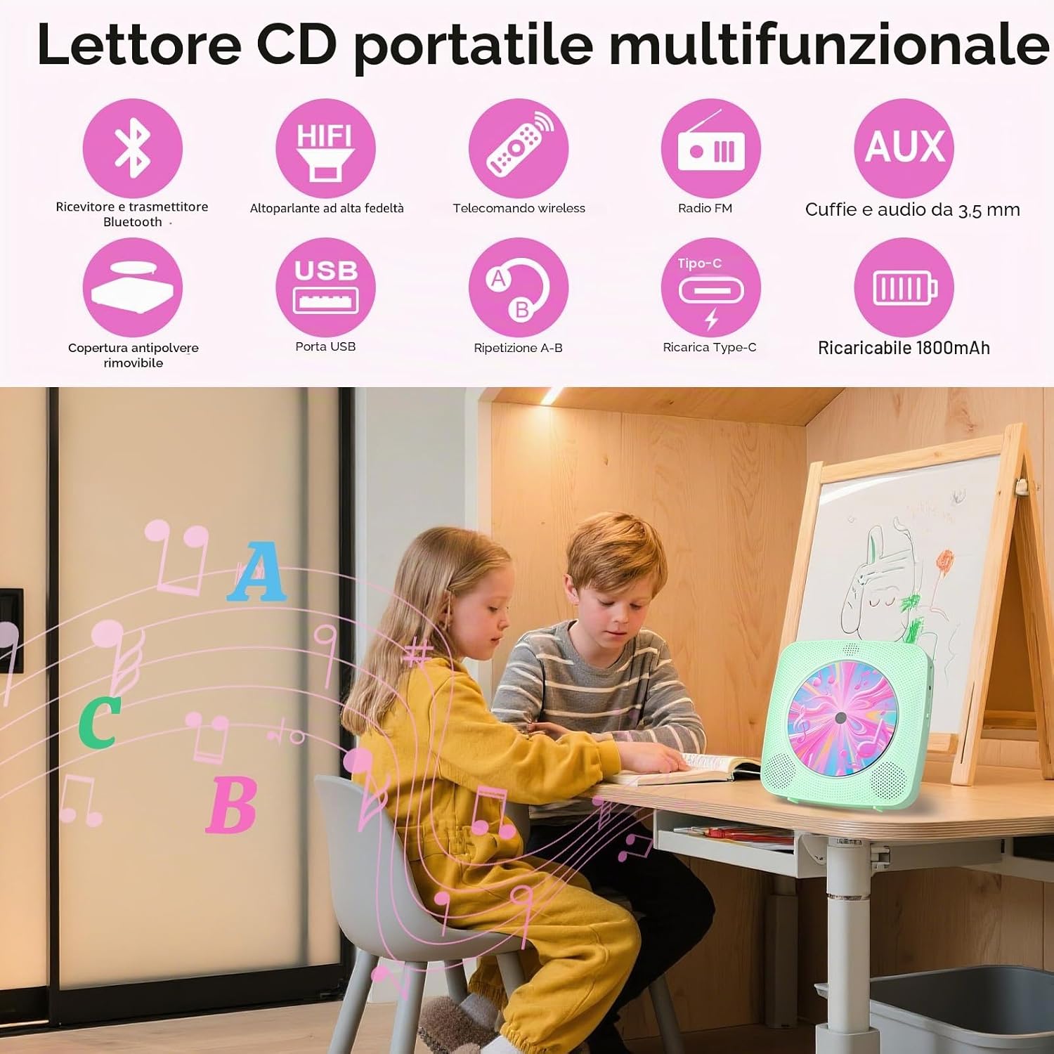 Detalle 2 de Lettore CD Portatile hi-fi Kegaudio con Bluetooth, altoparlanti e supporto a parete – Verde