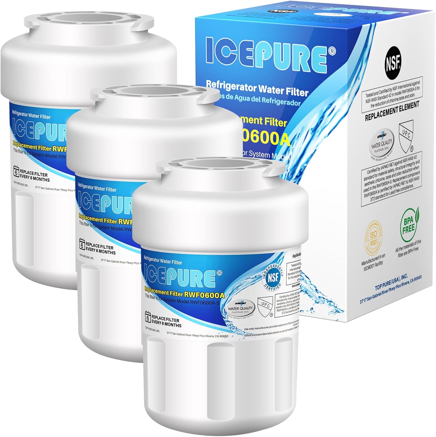 Detalle de ICEPURE RWF0600A Refrigerator Water Filter, 3-Pack, NSF/ANSI 42 & 372