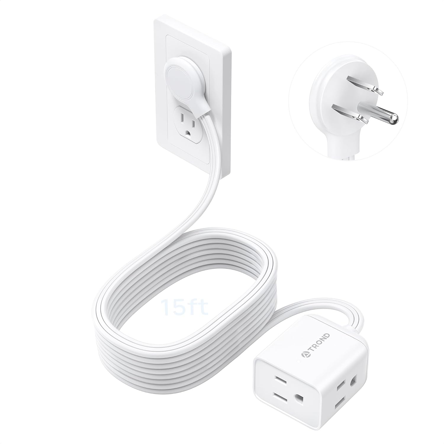 Detalle de TROND TD-EC-US01R 15 ft Extension Cord with Flat Plug and 3 Outlets