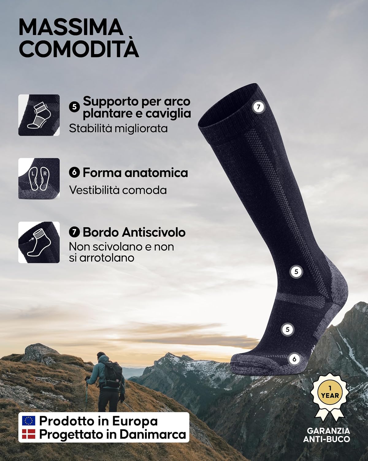 Detalle de DANISH ENDURANCE Calze lunghe da trekking in lana Merino anti-vesciche (uomo e donna), 1 o 3 paia