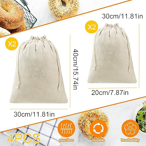 Detalle 2 de KALUROIL Juego de 4 Bolsas de Lino para pan, frutas y más (2 x 30x40 cm, 2 x 20x30 cm)