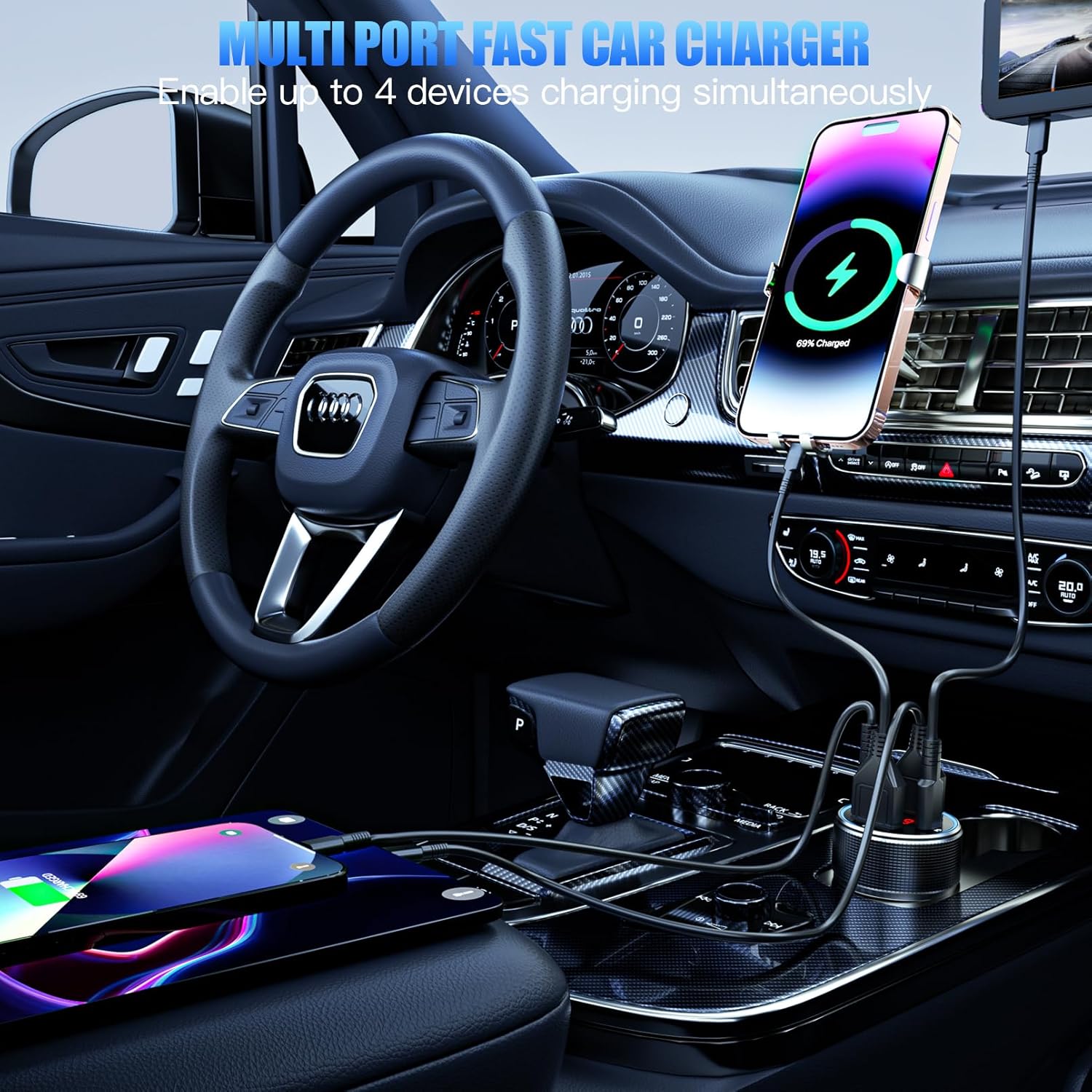 Thumbnail 5 de USB-C Zigarettenanzünder Adapter (12V) mit LED-Voltmeter und 4 Ports – Schwarz & Kabel