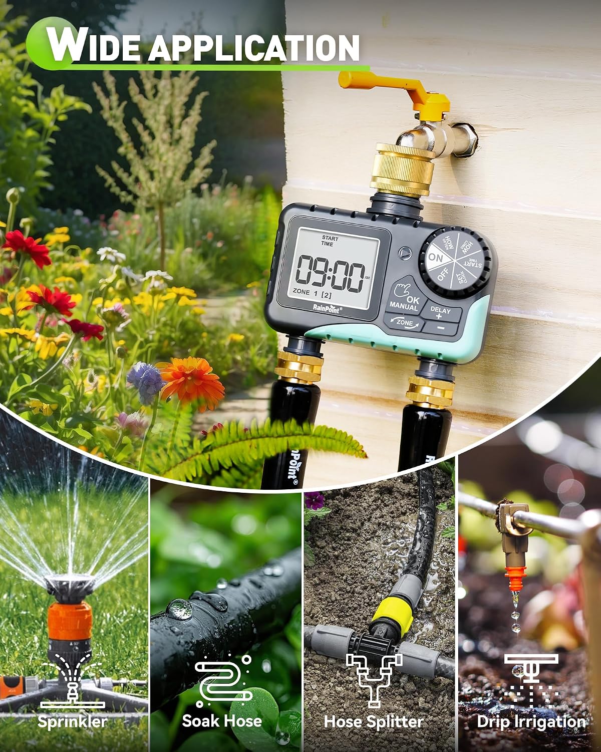 Thumbnail 6 de RAINPOINT Water Timer 2 Outlets with Brass Inlet – IP65 Waterproof, Dual-Zone Garden Irrigation Timer
