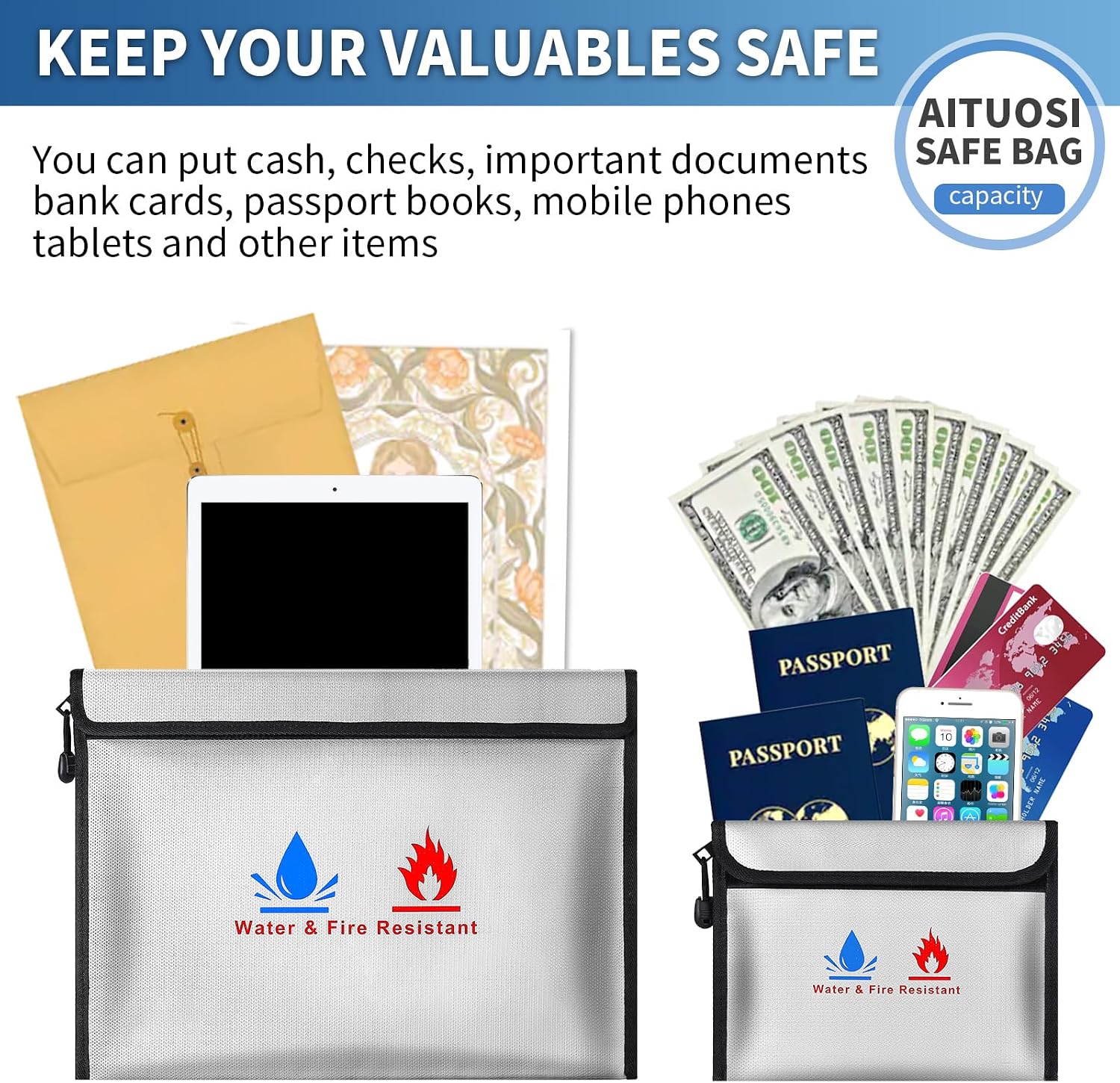 Detalle de Fireproof Document Bag 15x11 & 9x7 Inches Set – Fireproof & Water-Resistant Safe Storage for Money, Documents and Essentials