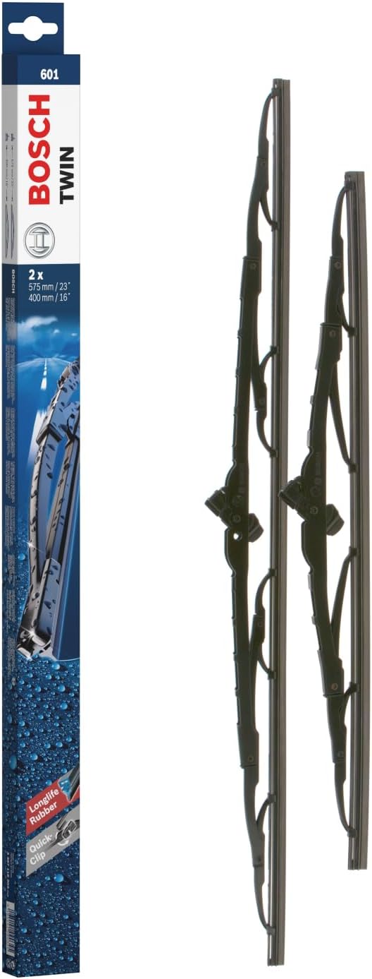 Detalle de Bosch Twin 601 Front Windscreen Wipers (Set of 2) – 575mm/400mm with Pre-assembled Quick-Clip Adapter