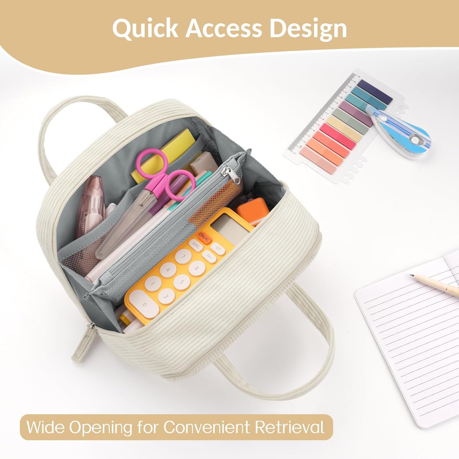 Detalle de Sooez Large Corduroy Pencil Case with 5 Compartments and Wide Opening